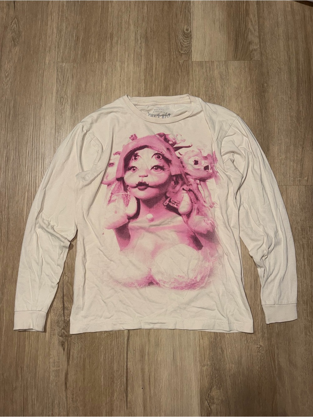 White Long-Sleeve Tee with Pink Graphic Character Print